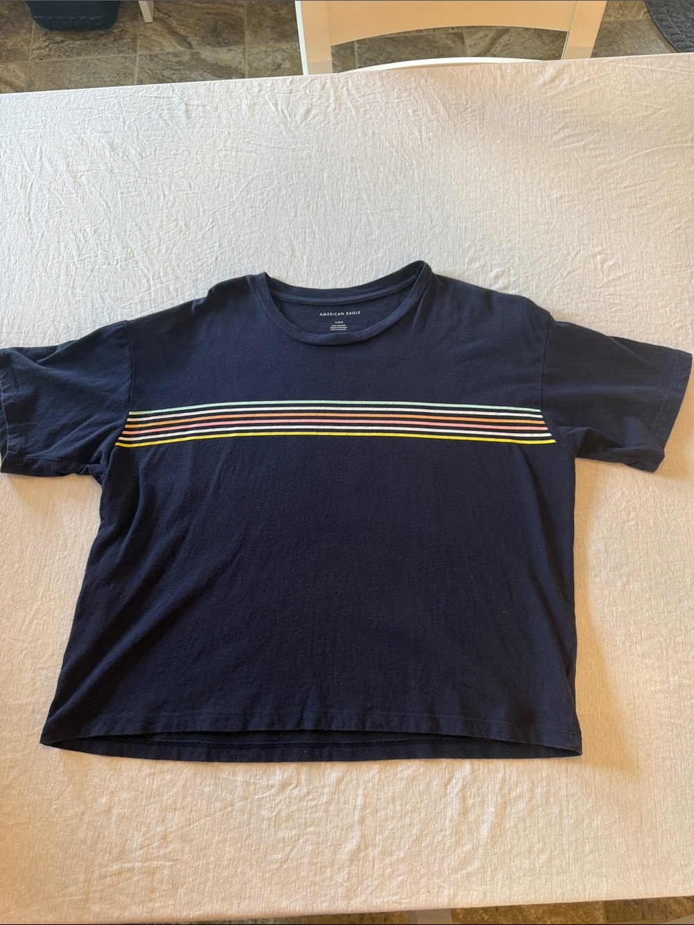 American Eagle Cropped Blue graphic tshirt with multicolored chest stripe Large